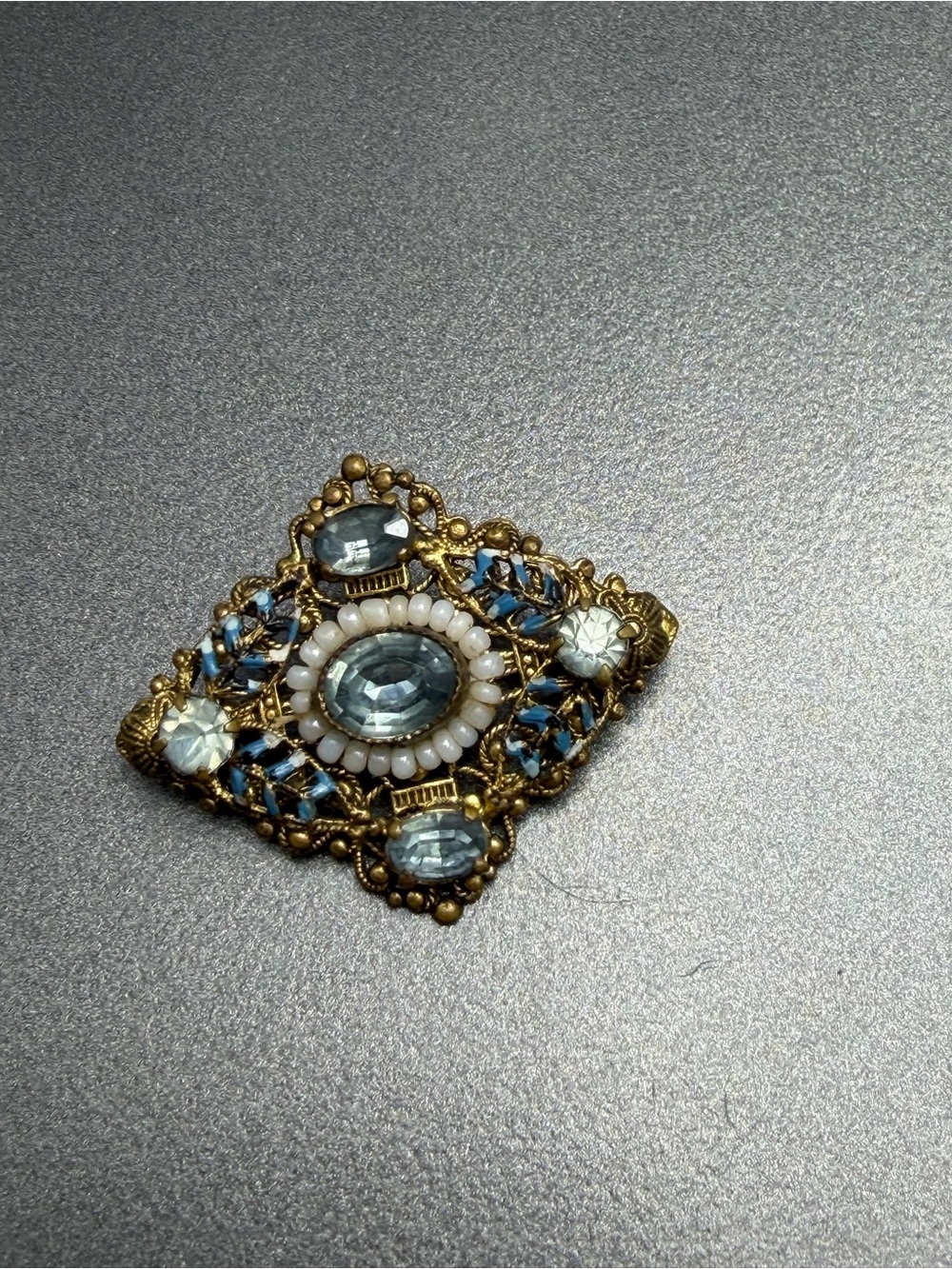 Vintage Czech Blue Crystal Filigree Brooch